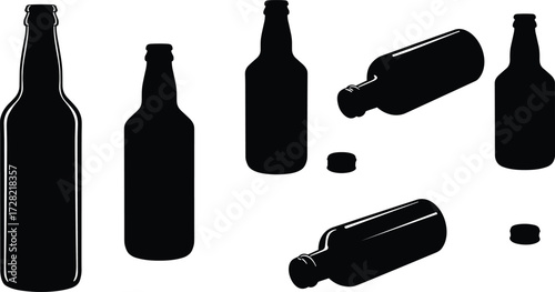 Silhouette collection of bottles and caps, beverage containers, black icons, vector illustration, drinkware design, isolated on white background, packaging shapes