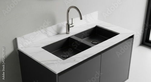 Modern double sink vanity with marble countertop and sleek faucet