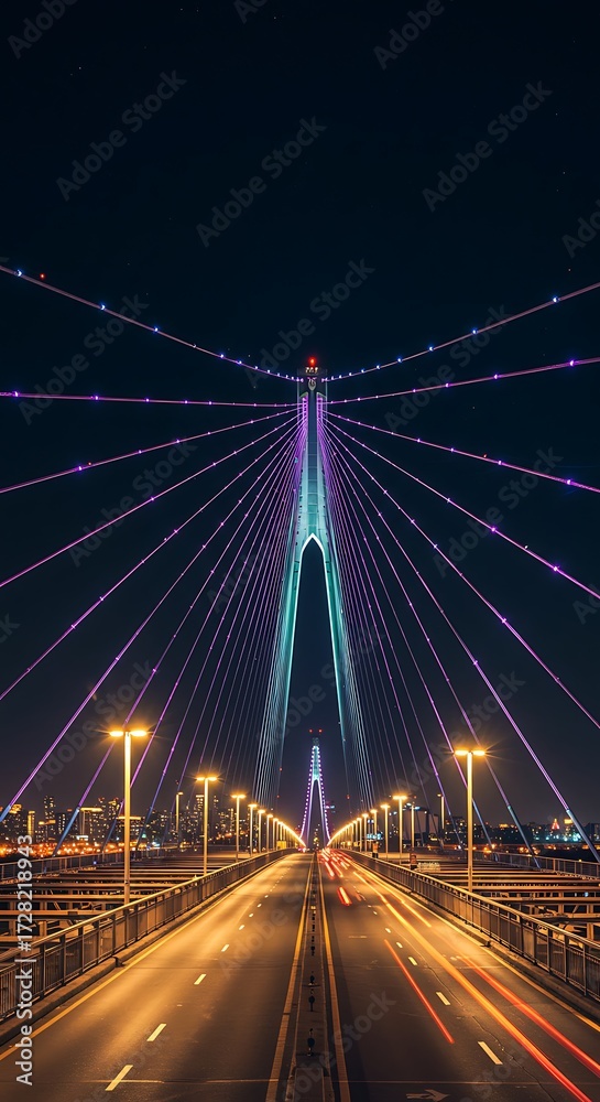 Obraz premium Dazzling illuminated suspension bridge at night with vibrant purple lights and city skyline backdrop captivating urban travel