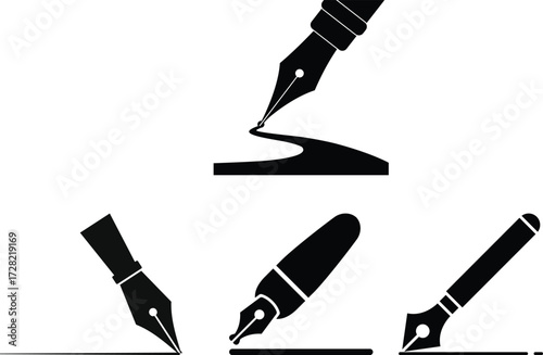 Fountain Pen Nib Icon Fountain pen nib glyph icon .Fountain pen vector icon set. Old fountain pen nibs pictogram. Black silhouette illustration. writing instrument set art Eps 10