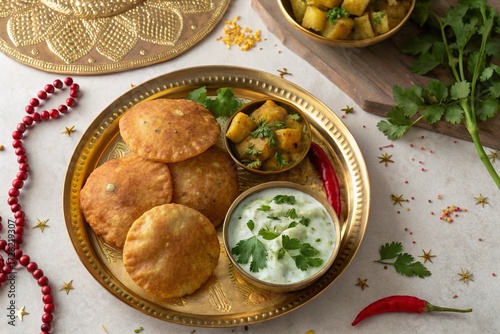 Ultra-Realistic 4K Kuttu Puri with Aloo Curry and Cucumber Raita on Brass Plate – Authentic Indian Navratri Thali Fasting Food Photography