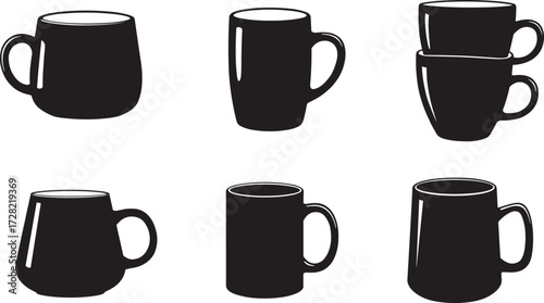 Silhouette collection of coffee mugs, cup designs, black icons, vector illustration, kitchenware accessory, isolated on white background, beverage container shapes