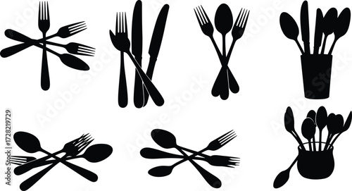 Silhouette collection of cutlery, fork, knife, spoon, kitchen utensils, black icons, vector illustration, artistic arrangement, dining tools, isolated