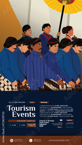 Social media template featuring an illustration of an Indonesian court servant