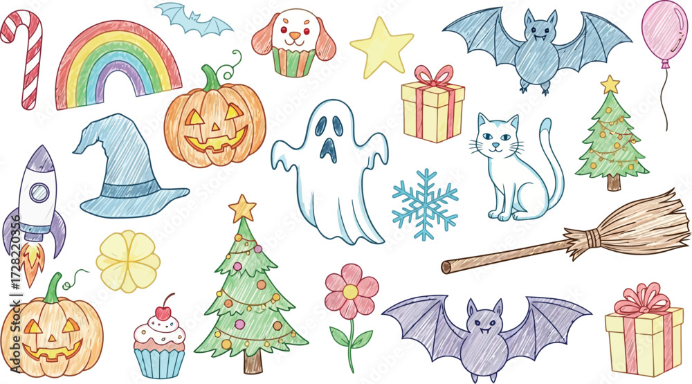 Fototapeta premium Vector art of mixed holiday and celebration doodle collection with pumpkins, ghosts, and christmas elements