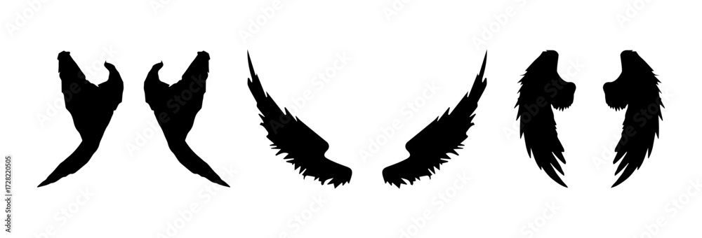 Obraz premium A Vector set of linear heraldic Icarus wings. Collection of black angel or bird wings with feathers alignment. Design element for tattoo, logo or mascot. Birds Wings for background vector for logo.
