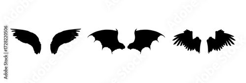 Wings of birds vector icon set. Wing flat black icons.Set of silhouette eagle wings. Illustration art of angel wings set. Wings set for t-shirt elements, coloring page vector.