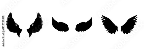 Wings of birds vector icon set. Wing flat black icons.Set of silhouette eagle wings. Illustration art of angel wings set. Wings set for t-shirt elements, coloring page vector.