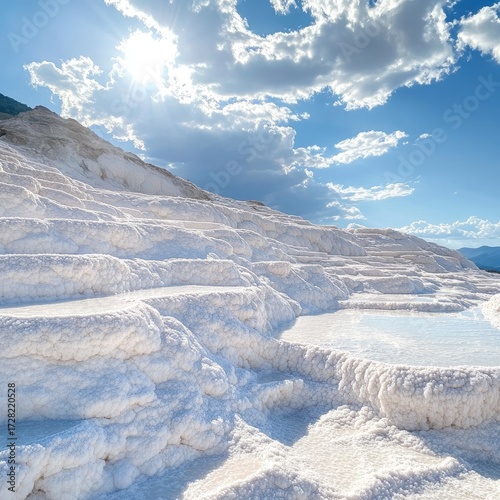 White terraced landscape under a brilliant sky