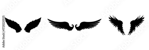 Wings of birds vector icon set. Wing flat black icons.Set of silhouette eagle wings. Illustration art of angel wings set. Wings set for t-shirt elements, coloring page vector.