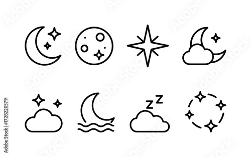 Set of black line icons of night sky elements. Outline illustrations of moon, stars, clouds, and sleep symbols.