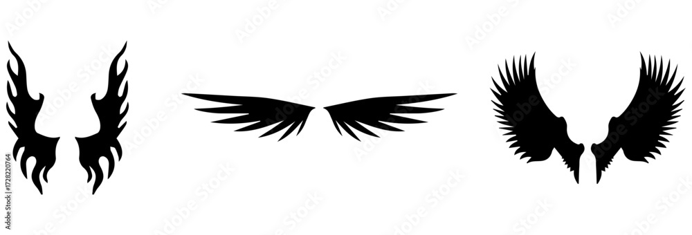 Obraz premium A Vector set of linear heraldic Icarus wings. Collection of black angel or bird wings with feathers alignment. Design element for tattoo, logo or mascot. Birds Wings for background vector for logo.