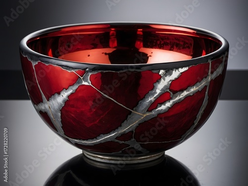 Chrome silver veins flowing like liquid metal on red ceramic.