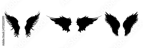 A Vector set of passion linear heraldic Icarus wings. Set of black angel or bird wings with feathers alignment. Design element for tattoo, logo or mascot. Birds Wings for background vector for logo.