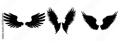A Vector set of passion linear heraldic Icarus wings. Set of black angel or bird wings with feathers alignment. Design element for tattoo, logo or mascot. Birds Wings for background vector for logo.