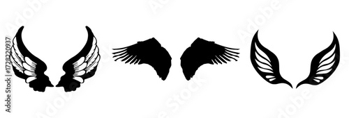 A Vector set of passion linear heraldic Icarus wings. Set of black angel or bird wings with feathers alignment. Design element for tattoo, logo or mascot. Birds Wings for background vector for logo.