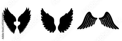 A Vector set of passion linear heraldic Icarus wings. Set of black angel or bird wings with feathers alignment. Design element for tattoo, logo or mascot. Birds Wings for background vector for logo.