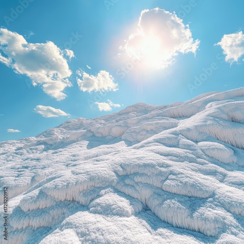 Sunny landscape of white, textured hills under a vibrant blue sky