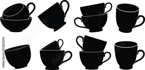 Silhouette collection of teacups and bowls, stacked and nested arrangements, kitchenware icons, black vector illustration, food accessory, isolated design