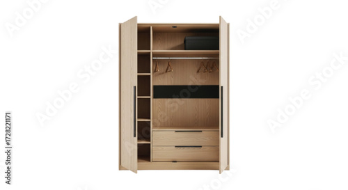 Modern wooden wardrobe with open doors, revealing organized interior storage, drawers, and hanging space.