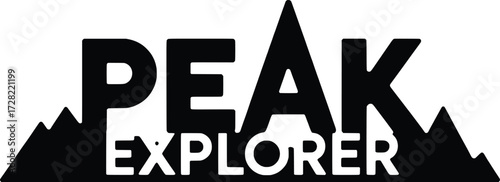 Bold black peak explorer text logo design with mountain silhouettes for adventure and travel brands