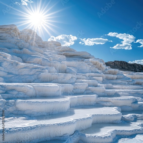 Terraced white mineral formations, bathed in sunlight, under a vibrant blue sky