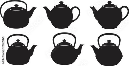 Silhouette collection of teapots, black icons, kitchenware accessory, spout and handle variations, vector illustration, isolated on white background, elegant design