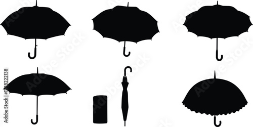 Silhouette set of umbrella designs, fashion accessories, closed and open styles, vector illustration, black icons, isolated on white background