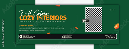 Fall colors cozy interiors, interior design template for social media cover promotion