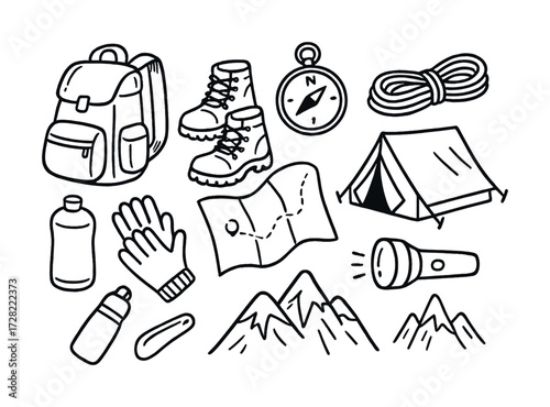 Outdoor adventure essentials: backpack, boots, compass, map, tent, flashlight, mountains, rope, glove