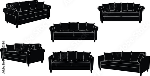 Sofa silhouettes, black sofas, modern furniture, cushion design, abstract seating, interior decor, minimalist style, isolated shapes, white background, armrest variation