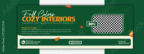 Fall colors cozy interiors, interior design template for social media cover promotion
