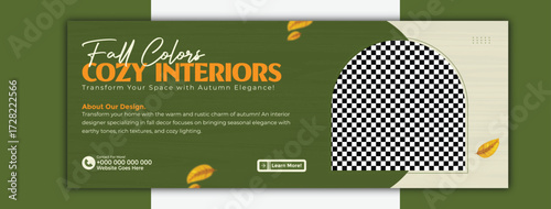 Fall colors cozy interiors, interior design template for social media cover promotion