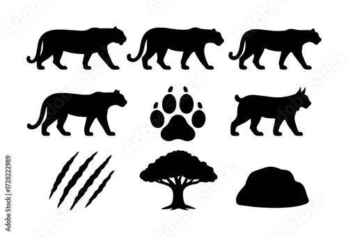 Wild animal silhouettes with paw print, claw marks, and nature elements