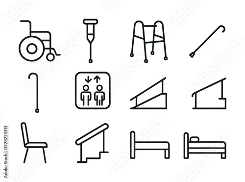 Disability and accessibility icons: wheelchair, crutch, walker, cane, elevator, ramp, chair, bed