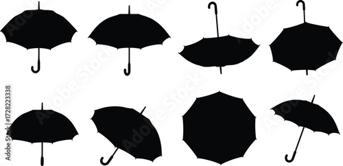 Umbrella silhouette collection, black icons, various canopy designs, curved and straight handles, isolated on white background, vector illustration, rain accessories