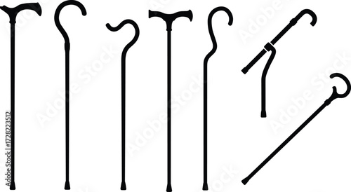 Walking cane silhouettes collection, black mobility aid icons, ergonomic handle designs, isolated on white background, vector illustration, medical support tools
