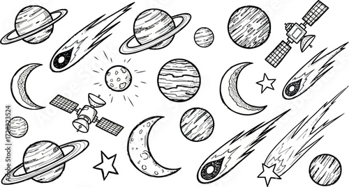 Vector art of handdrawn sketch of celestial bodies, planets, moons, stars, and comets