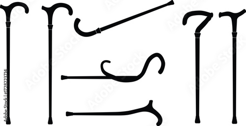 Walking cane silhouettes set, black mobility aid icons, ergonomic handle designs, isolated on white background, vector illustration, medical support tools
