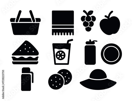 Picnic icons: basket, blanket, fruit, food, and drink silhouettes on white background