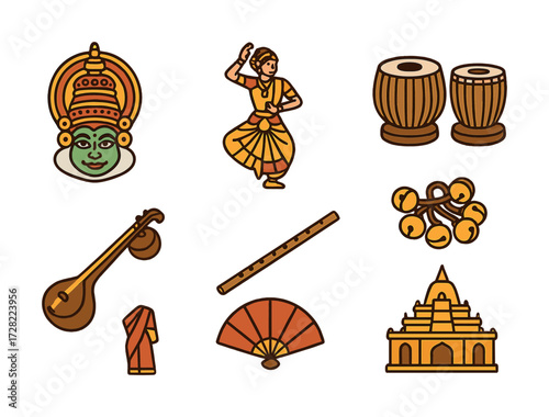 Traditional indian cultural symbols: dance, music, instruments, architecture, clothing