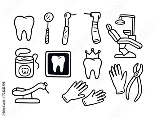 Dental tools and equipment icons: teeth, chair, mirror, drill, crown, gloves