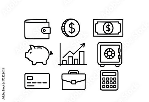 Financial icons set: wallet, dollar, piggy bank, safe, credit card, briefcase, calculator