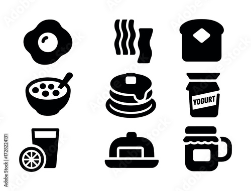 Icon set of breakfast foods including egg, bacon, toast, cereal, pancakes, yogurt, juice, butter, coffee