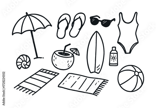 Beach day essentials: umbrella, swimsuit, surfboard, and more in black and white illustration