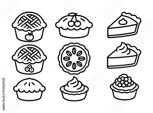 Collection of nine various pie icons in black and white line art style