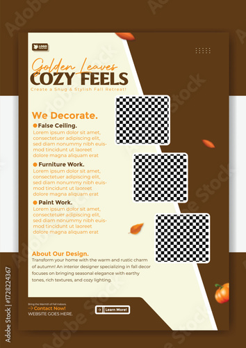 Golden leaves cozy feels flyer template for interior design and home decoration service