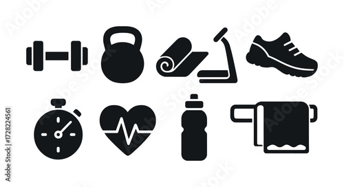 Fitness equipment icons: dumbbell, kettlebell, yoga mat, treadmill, running shoes, stopwatch, heartbeat, water bottle, towel