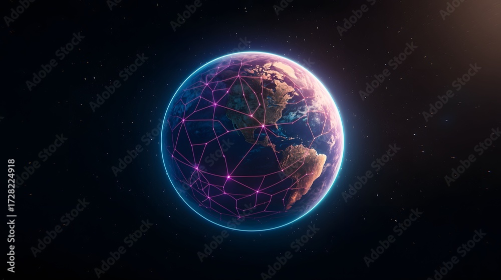 Obraz premium An Earth from space view is shown with a neon network, the planet is encircled by a bright cyan glow set against the inky black of space speckled with stars.