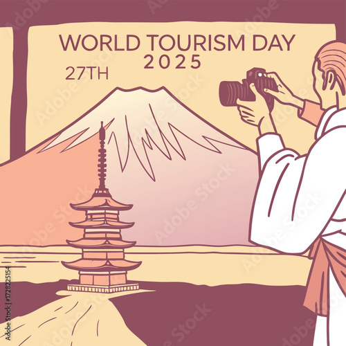 World Tourism Day Illustration: A traveler immortalizes a memorable moment, photographing a picturesque vista of a traditional pagoda and a majestic snow-capped peak.